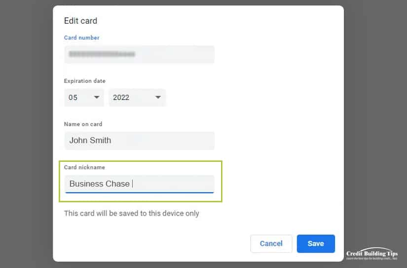 Adding a Nickname to a Credit Card