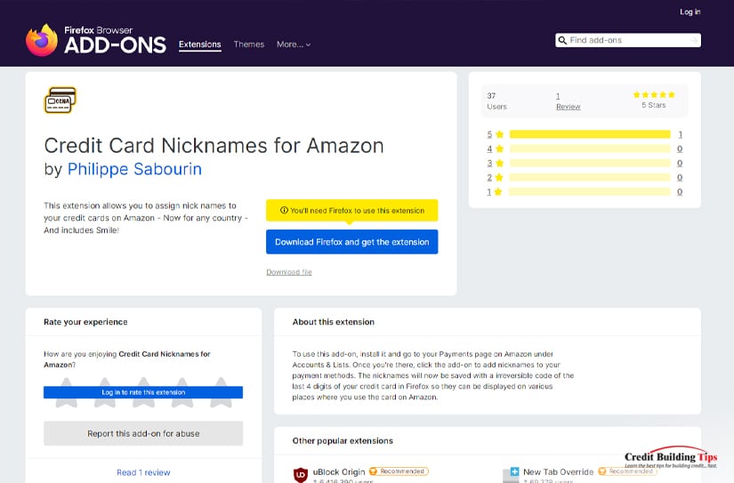 Credit Card Nicknames Firefox Extension