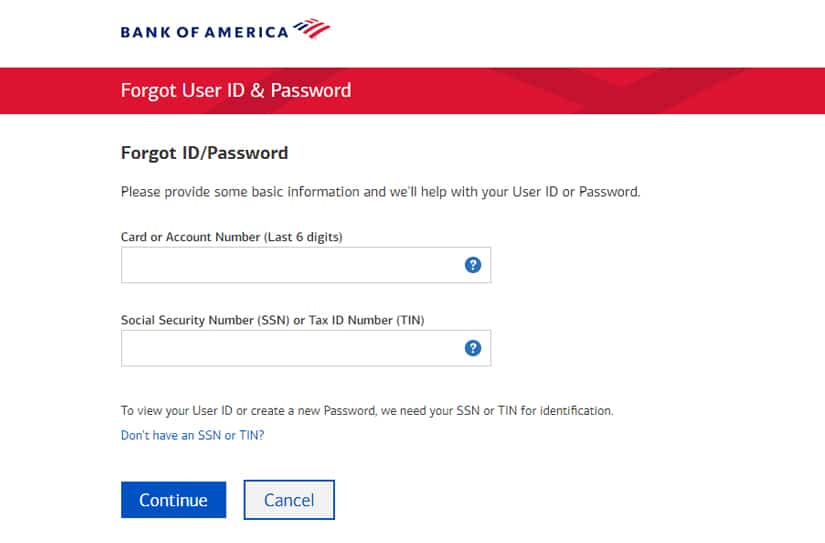 Bank of America Password Reset
