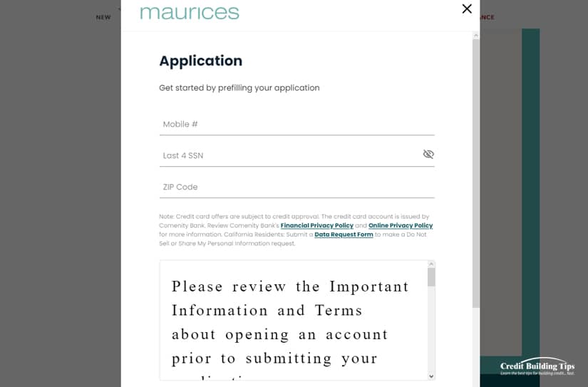 Maurices Credit Card Application
