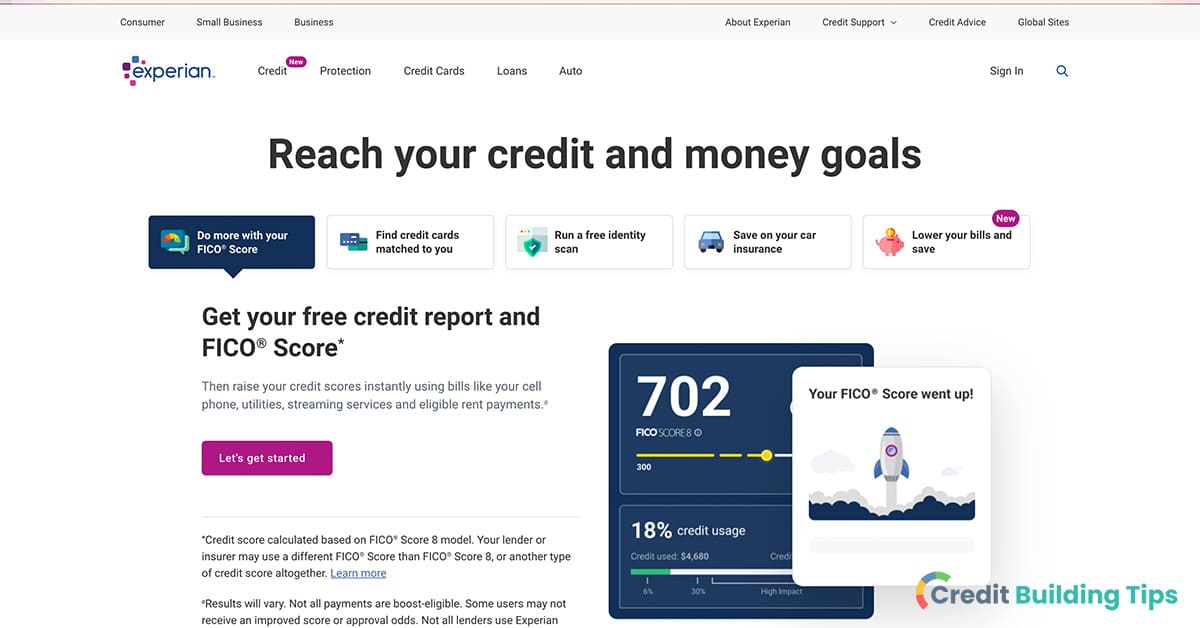 screenshot of experian to show difference between credit karma and experian