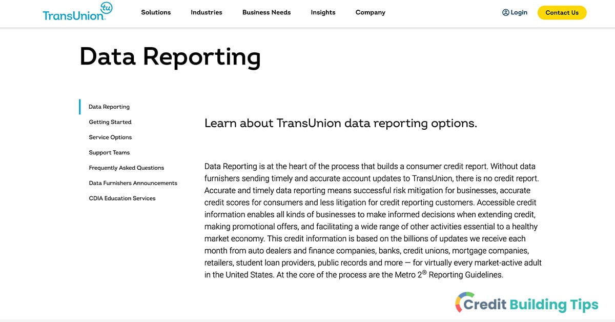 transunion data furnishing to report to credit bureau