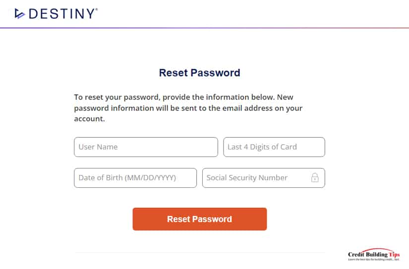 Destiny Credit Card Password Reset