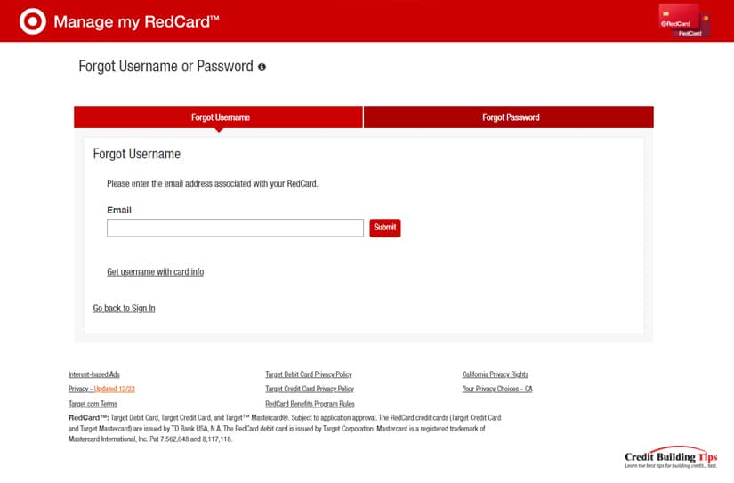 Target RedCard Forgot Username